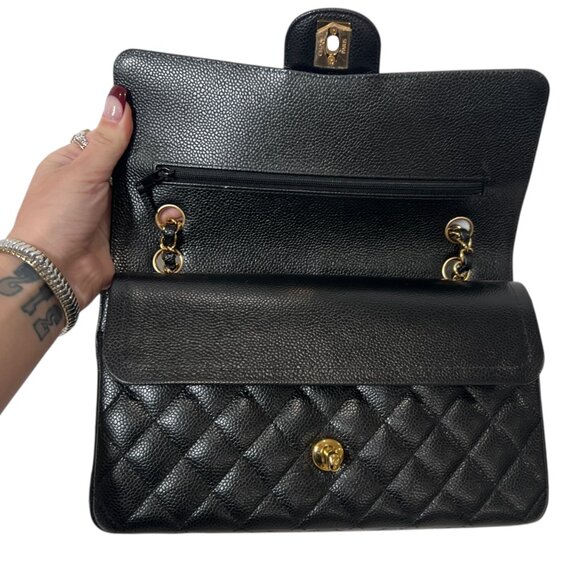 CHANEL Black Quilted Leather Caviar Double Flap Crossbody Timeless Bag Medium - Picture 8 of 15